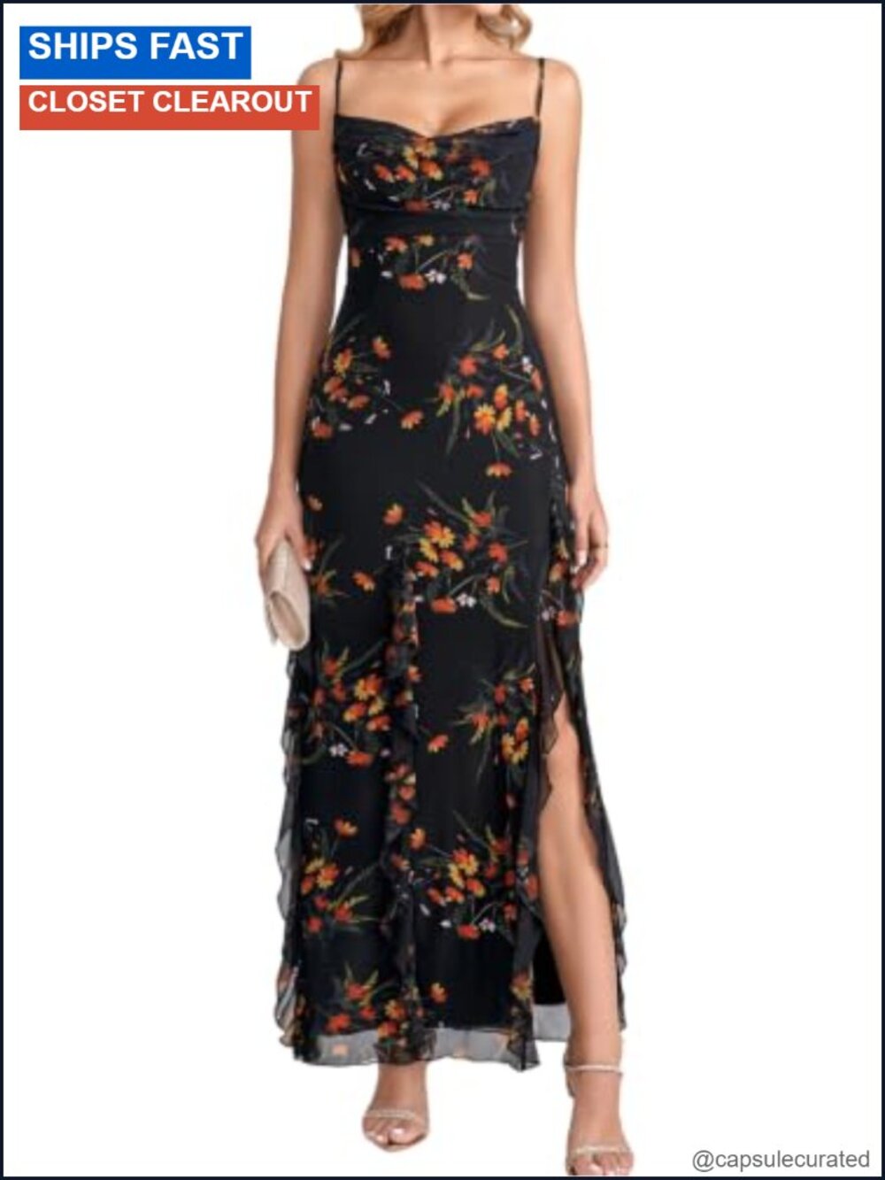 Floral Ruffle Maxi Dress with Slit Cowl Neck Spaghetti Strap Bodycon